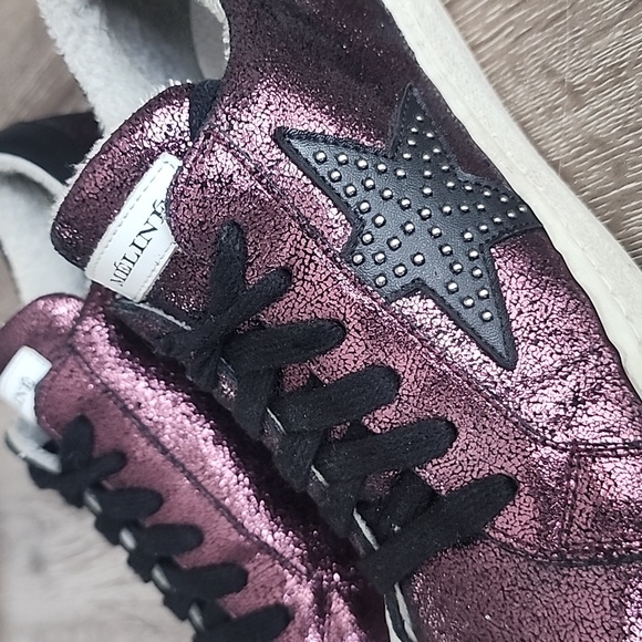 Mèlinè Shiny Metallic Italian Leather Studded Star Low Top Sneakers Raspberry 37 - Picture 3 of 8